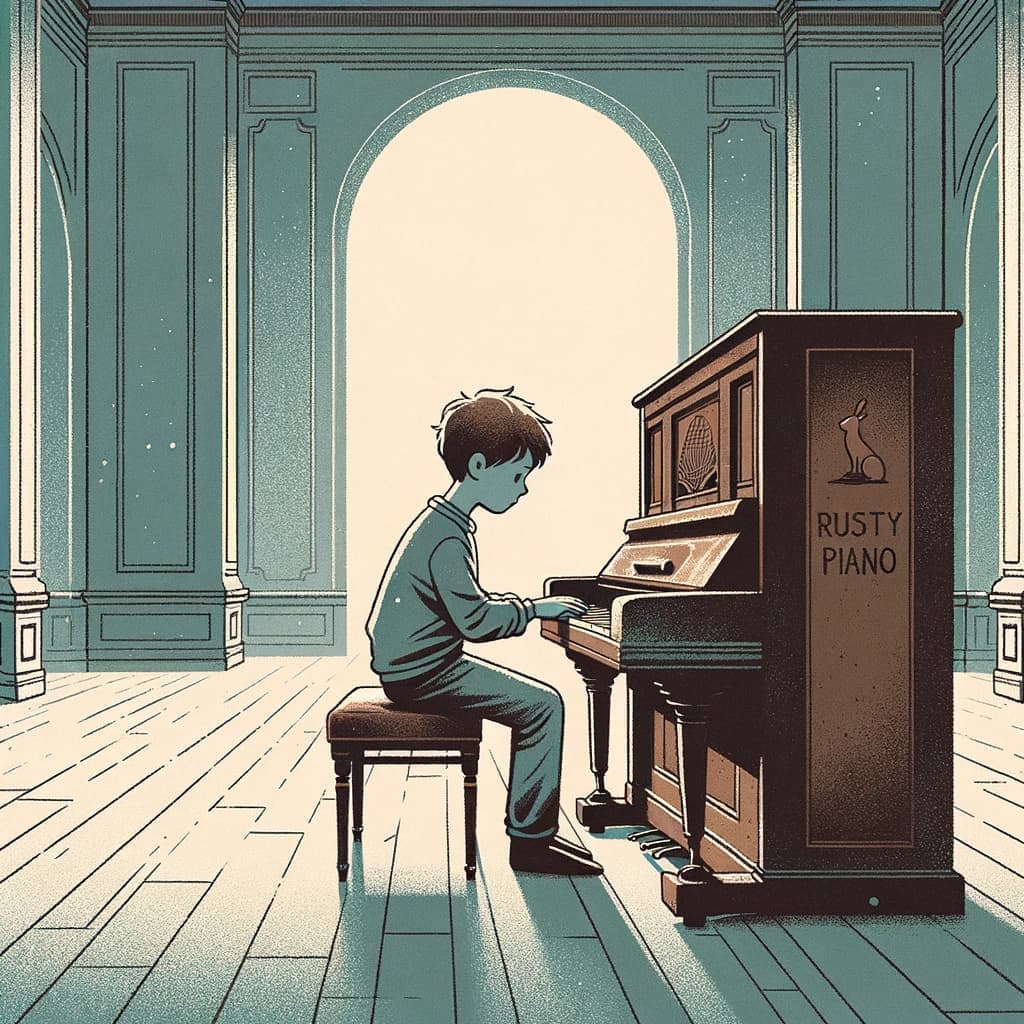 插画:一个男孩在空荡的大厅里弹一架旧钢琴,琴身上写着 RUSTY PIANO